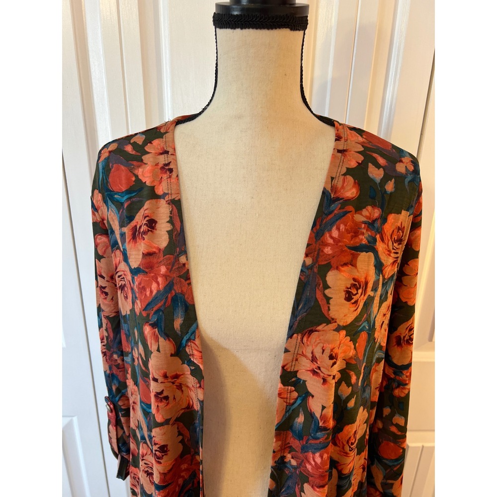 Dear Scarlett Olive Floral Open Front Cardigan Roll Tab Sleeve LIZCARDI-D003 S - Picture 2 of 7